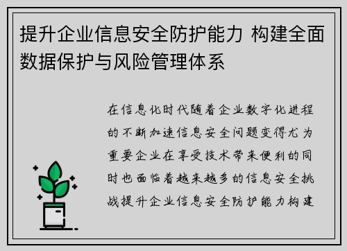 提升企业信息安全防护能力 构建全面数据保护与风险管理体系